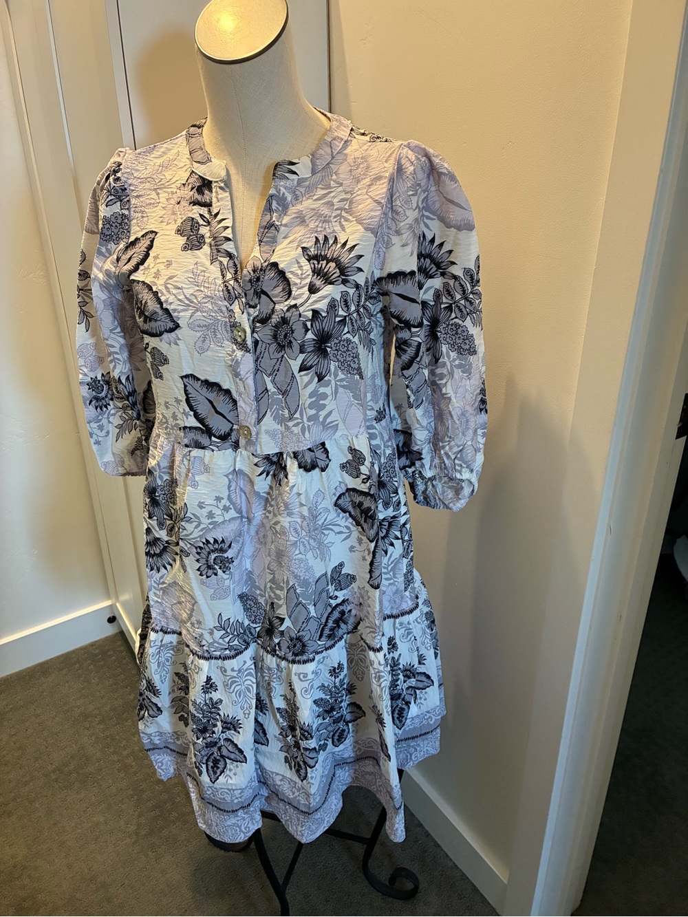 Luxology Lavender, Black and White Floral Tiered Tunic Dress